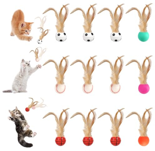 Dhisperares 12er-Pack 25 mm Katzenbälle Spielzeug mit künstlich Federn | Ball mit Federn Katze, Interaktives Katzenspielzeug Ball, Hüpfender Katzenball für Kätzchen im Innen- und Außenbereich