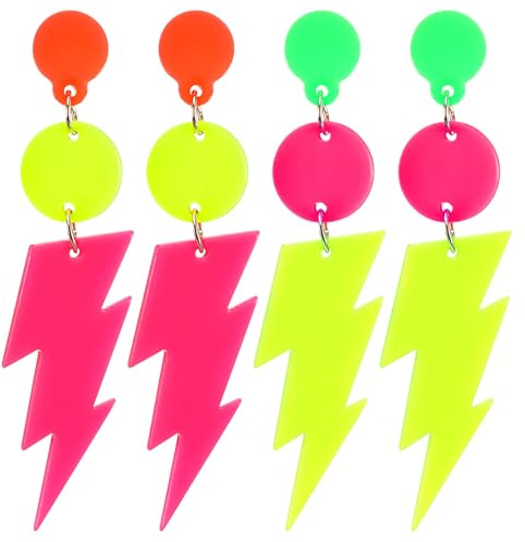 cobee 2 Paar 80er 90er Jahre Blitz Bolzen Ohrringe, Neon Ohrringe Retro Acryl Ohrringen in Neonfarben Für Halloween Mottoparty Maskerade Kostümparty(rosa + gelb)