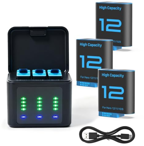 OHZHAO 3Pack 2580mAh Hero 12 Battery with LED 3-Channel USB Charger, 2026 Upgrade Long-Lasting Battery for GoPro Hero 12/11/10/9 Black Cameras with Type-C Data Cable