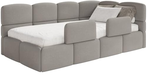 Selsey Jugendbett 120x200cm Hellbraun Chenille Stoff mit Matratze und Lattenrost, Polsterbett mit Stauraum und Bettkasten, Kinderbett mit 2 Schutzbarrieren, Jugendbett rechtsseitig