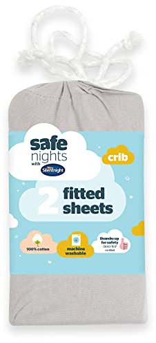 Silentnight Safe Nights Fitted Sheet - Crib Mattress - Breathable 100% Cotton Jersey – Super Soft Kind to Baby Skin - 90x40cm - Secure Fit with Elasticated Corners - 2 Pack, Grey