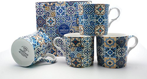 FINE Bone China Set of 4 Mugs Gift Boxed AZULEJO Blue Mugs Free UK DELIVERY