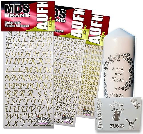 MDS Brand 1,5cm Buchstaben zum aufkleben einfach zum basteln und gestalten von Scrapbook & Karten, auch EIN Super Alternative zu wachsbuchstaben Kerzen 70 (Gold)