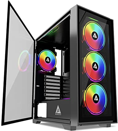 Apevia Genesis-BK - Carcasa para PC para juegos de torre media con 4 ventiladores ARGB de 120 mm, 366 modos de luz RGB, 1 panel frontal de cristal, 1 panel lateral de vidrio magnético giratorio para