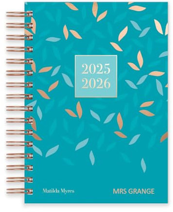 Matilda Myres Tageskalender 2025-2026 Rotgold Spiralbindung A5 Halbjahreskalender – Juli bis Juli – Blau mit Namen