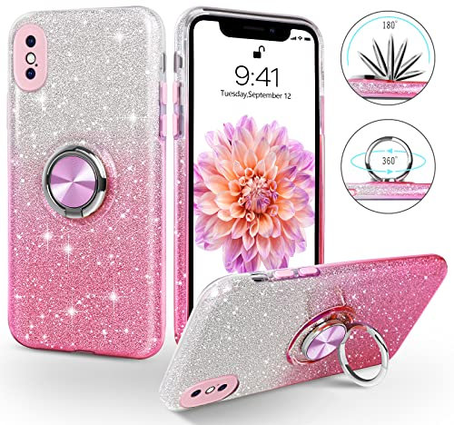 SouliGo for iPhone X/XS Case Glitter Bling Sparkle Shiny Sparkly Girls Cover with 360° Ring Holder Kickstand Magnetic Car Mount - Protective Phone Case for iPhone XS/X 5.8, Gradient Pink