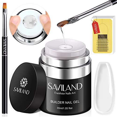 Saviland Builder Gels with Air Cushion Design, Clear Hard Gel for Nails Extension, Builder Base Nail Gel & Strengthener Gels Nail Art Manicure Set with 100pcs Nail Forms and Acrylic Brush