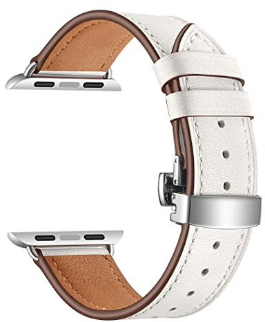 Correa de cuero para Apple Watch Band 45mm 44mm 42mm 49mm Correa de cuero genuino Pulsera de repuesto para iwatch Ultra Series 8 7 6 SE 5 4 3 2 1, Botón De Plata Blanco
