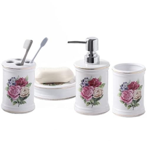 Tauzveok Set di accessori per il bagno in ceramica con fiore di rosa, 4 pezzi, inclusi 1 portaspazzolino, 1 tazza per spazzolini da denti per gargarismi, 1 portasapone, 1 dispenser per lozione
