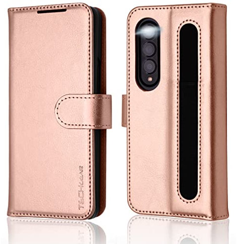 Galaxy Z Fold 4 Leather Wallet Case, Flip Protective Case Cover with S-Pen Holder, Card Wallet, Stand and Wrist Strap - Rose Gold PU Leather with Magnetic Closure for Samsung Galaxy ZFold4