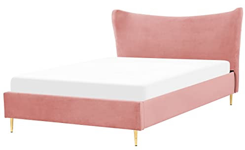 Lit Double en Velours Rose 160 x 200 cm Tête de Lit Concave Pieds Dorés Chaleix