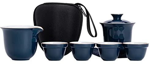 UCCE Portable Ceramic Kungfu Tea Set 1 Teapot 4 Tea Cups Porcelain Kung Fu Tea Cup Large Gaiwan (Ji blue)