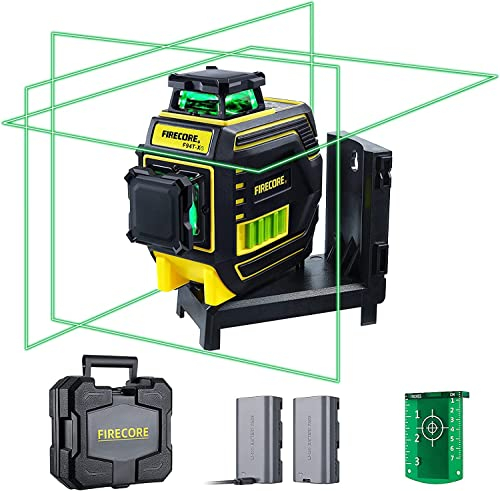 Firecore Laser Level, self-Leveling Laser 3x360 Degrees Green, line Laser with Magnetic Laser Mount, Construction Laser with 2 Li-Ion Batteries and Toolbox (F94T-XG)