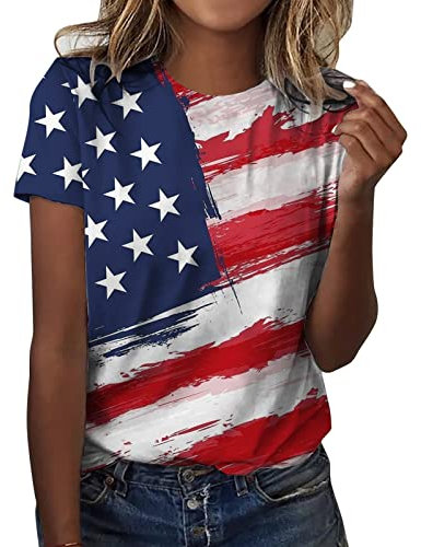 CGGMVCG Niedliche Oberteile für Frauen Damen Casual Amerika Flagge Druck O Ausschnitt Kurzarm Bluse Tops T-Shirt T-Shirt für Frauen, Z01 Rot, S