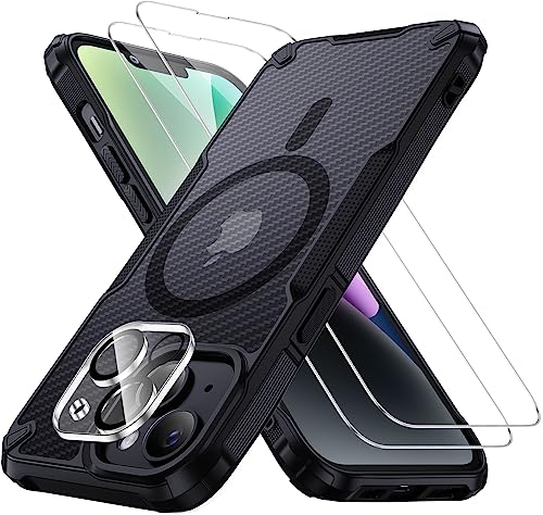 Aunote for iPhone 14 Case with Magsafe Compatible Magnetic, iPhone 14 Phone Cases with 2 Pack Screen Protector + 1 Pack Camera Lens Protector, [Military Grade Shockproof] Cover for iPhone 14, Black
