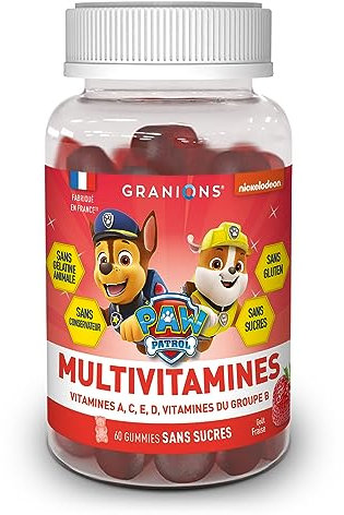 60 Gummies multivitamines GRANIONS PAT PATROUILLE | Complement alimentaire | Immunité, fatigue | Vitamines A, C, D et groupe B | Goût fraise | Sans gélatine animale, sans sucres | Made in FR
