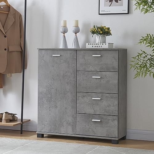 [en.casa] Aparador Döbritz con Puerta 4 Cajones y 2 Estantes Internos Regulables en Altura Armario Zapatero Mueble Zapatero Aglomerado 76 x 80 x 28 cm - Efecto Hormigón