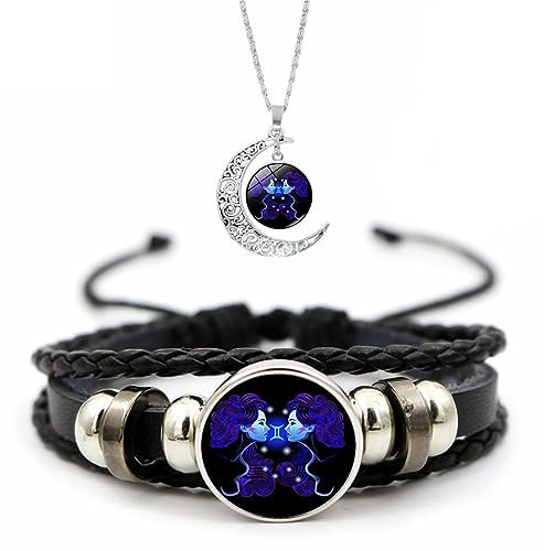 Overhil1s Zodiac Signs Spirit Bracelet, 12 Constellation Weave Leather Bracelet and Moon Pendant Necklace, Glow in the Dark Zodiac Bracelet for Men Women Girls Jewelry Gifts Set (Color : 3-Gemini)