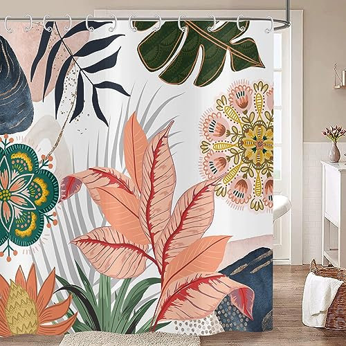 Hnmdmyi Tenda da doccia fiori boho 240x180, astratto fiori bohemien foglie tropicali colorato tenda da bagno metà secolo moderno estetico arte impermeabile poliestere tessuto lavabile tenda da bagno