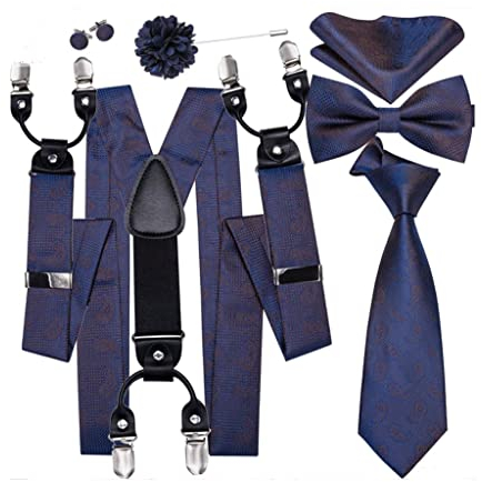 XqmarT Hosenträger aus Seide für Herren, Blau, Marineblau, Clip-On-Hosenträger, Krawattentaschen, quadratische Manschettenknöpfe, Broschen-Set, Herren, Business, Hochzeit (Blau 1)