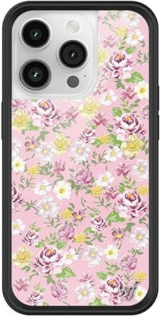 Wildflower Daisy Lynn Schutzhülle mit Blumenmuster, kompatibel mit Apple iPhone 14 Pro, trendy, rosa, gelb, weiß, floral, schützender schwarzer Stoßfänger, 1,2 m Falltest-zertifiziert, kleines