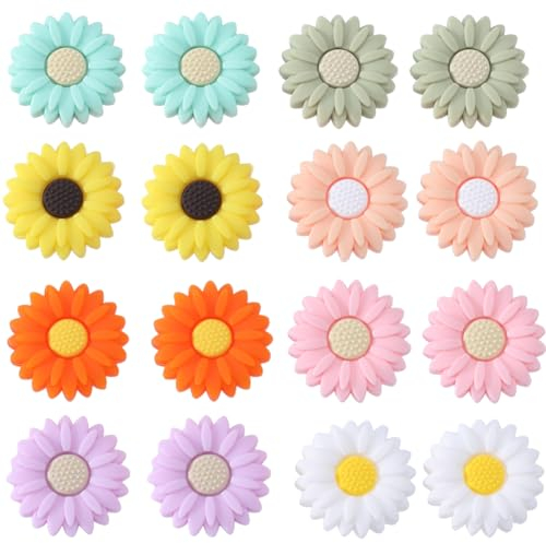 SUNNYCLUE 1 boîte de 16 perles en Silicone en Forme de Marguerite - Perles Focales en Silicone - Rose Mignonne - Grosses Perles D'Espacement en Caoutchouc - Double Face - en Vrac pour Stylos à Perles,