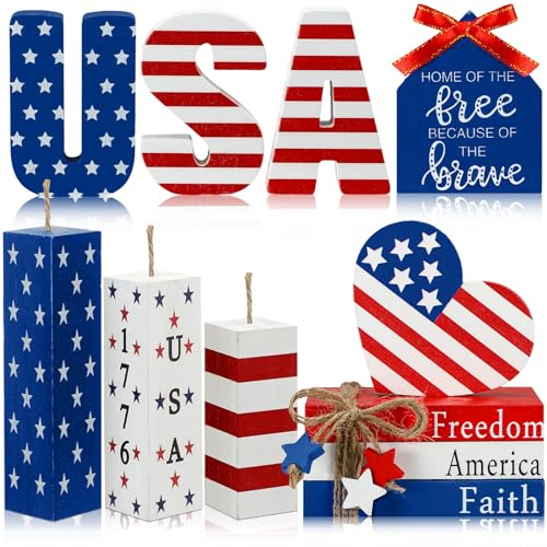 FoldTier 11 Stück 4. Juli Holztablett Dekoration Rustikale patriotische Kunstbuchstapel Unabhängigkeitstag Holzfeuerwerk Tischdekoration USA Tischdekoration für Gedenktag Home Party Supplies