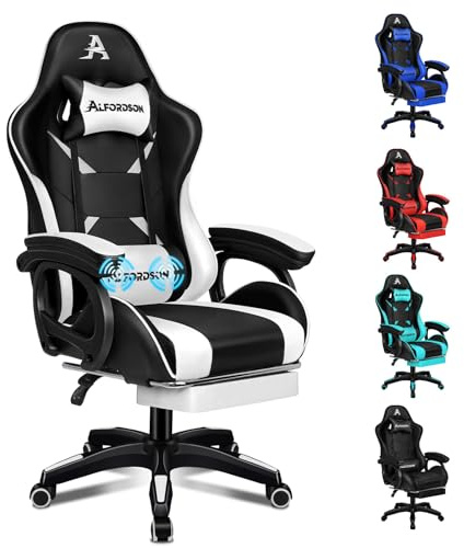 ALFORDSON Gaming Stuhl Massage Gamer-Stühle,ergonomischer Bürostuhl,Weiß | Gaming-stuhl Computerstuhl einziehbar Fußstütze, Schreibtischstuhl bis 180 kg,90-150° neigbar,Höhenverstellbar Drehstuhl