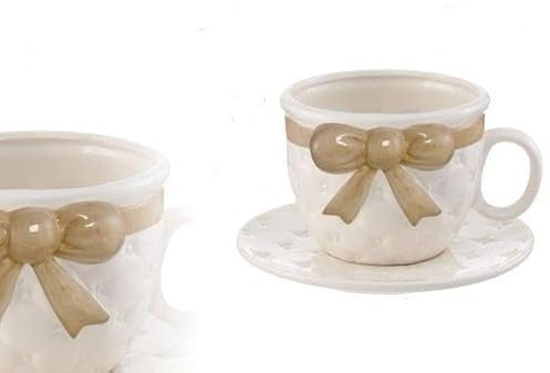 Generico Tazzone Portacialde in Ceramica con Fiocco Vari Colori Shabby Chic 23x23x15cm (Fiocco Tortora)