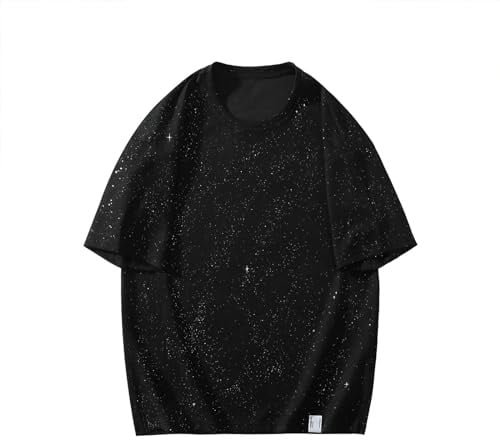 GURUNVANI Glitzerndes Herren-T-Shirt, Baggy-Stil, Rundhalsausschnitt, kurzärmelig, glitzernd, Party-Top, Schwarz, M