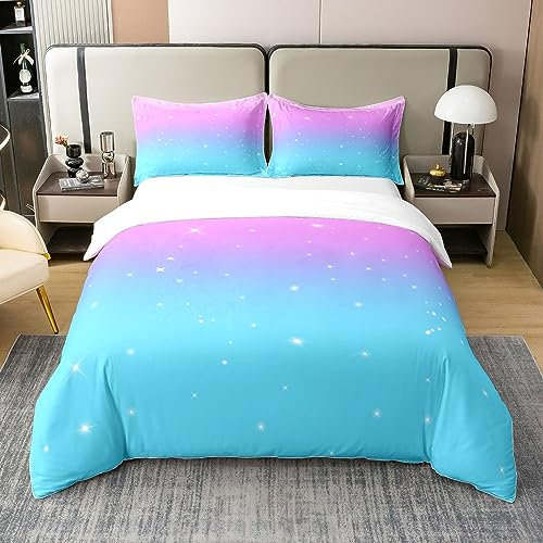 Homemissing Bleu et Rose Ombre Housse de Couette 100% Coton 220x240cm Fille Enfant Rainbow Literie Set coloré Parure de litgradient strle Glitter Literie Ensemble 2 taies d'oreiller