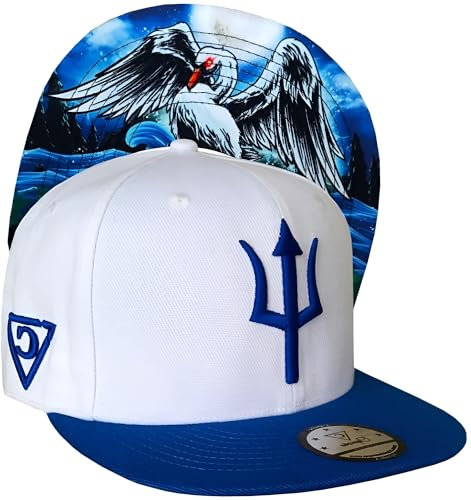 Capiche [99+ Varianti] Cappellino Snapback Cycnus - Cappello Bianco con Tesa Blu, Logo del tridente Ricamato, Grafica Mitico Cigno sotto la Visiera, Regolabile per i Fan della Mitologia