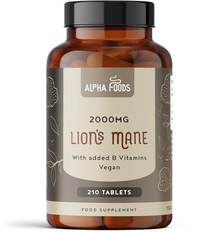 Lions Mane Mushroom - Löwenmähne Pilz Komplex - 210 Tabletten - Hericium Erinaceus 12:1 Extrakt - 2000mg Tagesdosis - mit schwarzem Pfeffer + Vitamin B1 B2 B3 B5 B6 - Vegan - Alpha Foods