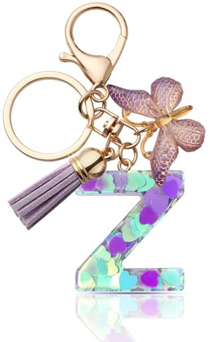 CHUQING Porte-clés avec lettre porte-clés fille initiale cadeau femmes porte-clés papillon, violet, Violet/Z, S