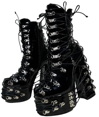Frankie Hsu Handgefertigte Gothic-Stiefelette mit Plateau-Absatz, knöchelhoch, zum Schnüren, schwarz, mit silberfarbener Schnalle, Punk, Gothic, Y2K, für Mädchen, große Schuhe für Damen und Herren,