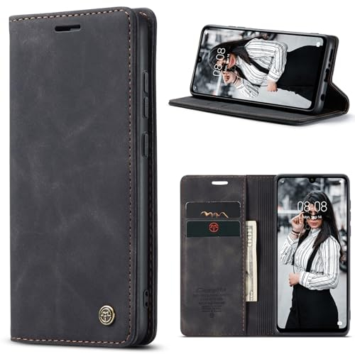 Mosoris Handyhülle für Huawei P30 Lite Hülle Leder Flip Wallet Stoßfeste Schutzhülle Klapphülle für Huawei P30 Lite Hülle Kartenfach Ständer Kameraschutz Klappbar Lederhüllen Cover Case, Schwarz