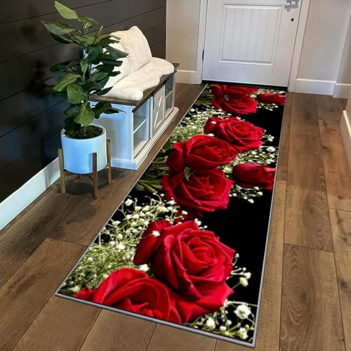 Siunwdiy Tapis de Couloir Rose Rouge Noir 40x120cm Motif Floral 3D Tapis Couloir Long,Tapis Cuisine Devant Evier Lavable Tapis de Cuisine Antidérapant Tapis de Passage pour Chambre Adulte