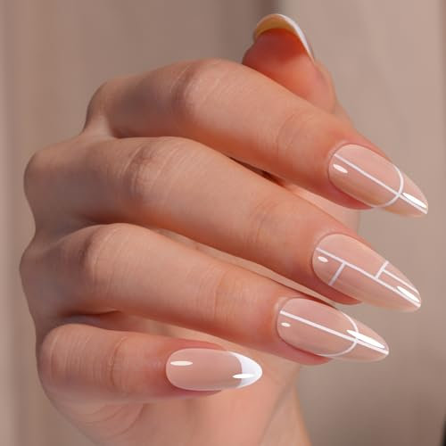 TOMICCA 24 Pièces Faux Ongles French avec Colle, Amande Moyen Artificiels Acryliques Pleine Couverture Capsule Français Ongles pour DIY Nail Art Décoration pour Femmes et Filles