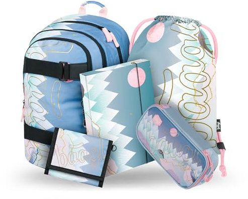Baagl Schulrucksack Set Mädchen 5-Teilig, Schultasche ab 3. Klasse, Grundschule Ranzen mit Brustgurt, Ergonomischer Schulranzen (Skate Moon)