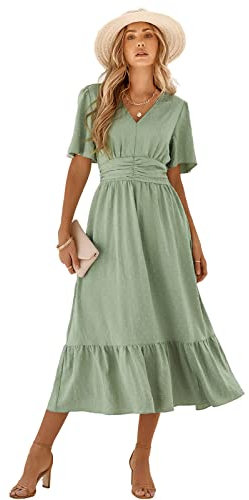 HEYPORK Damen Frühling Sommer Bequem Lässig Kleider Mode Elegant Röcke Frauen V-Ausschnitt Solide Farbe Lotus Blatt Ärmel Lässig Langes Kleid(B Hellgrün, XL)