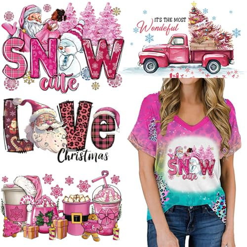Christmas Iron on Transfer Patches Stickers Pink Xmas Theme Iron on Vinyl Patches Santa Claus Snowman Gingerbread Man Car Love Pattern Winter Heat Transfer Vinyl HTV Decals for Clothes T-Shirt Decor