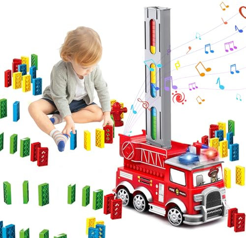 MeYuxg 80 Stück Dominosteine, Domino Zug Spielzeug Set, Automatischer Domino Train, mit Lichtern und Soundeffekten, Elektrischer Feuerwehrauto Spielzeug für Kinder Ab 3