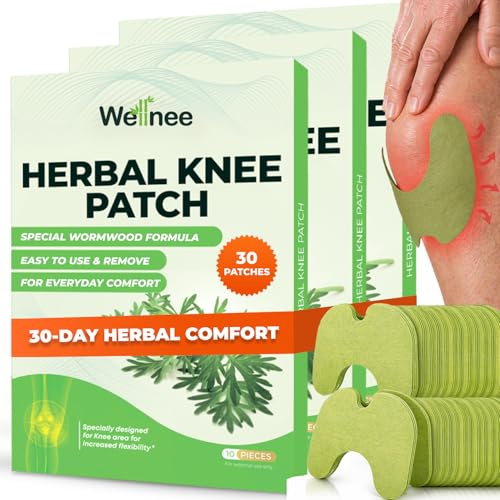 Wellnee Original Herbal Knee Patch - Wellknee Plaster for Knee Support & Muscle Pain - Maximum Strength for Temporary Relief - Adhesive Heat Patches Made with Natural Herbs for Wellness - 30 Pads
