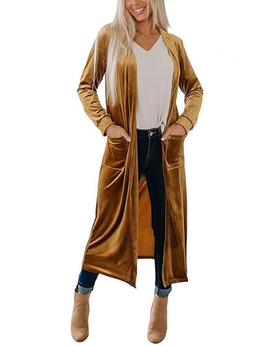 LCDIUDIU Giacca Da Donna In Velluto con Cardigan E Davanti Aperto, Trench Lungo Senza Collo, Comoda Giacca In Velluto, Spolverino Per Donna, Capispalla Primavera Autunno Oro M