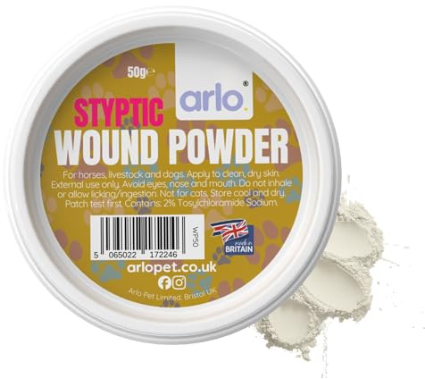 Wound Powder 50g for Pets & Horses | Fast-Dry Styptic Formula Helps Keep Wounds Clean | Non-Sting, Moisture Control Powder for Cuts, Grazes & Rubbing - Easy Dip Pot