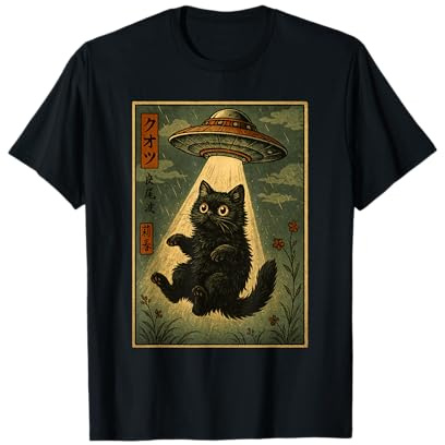 Vintage Japanese Cat Alien Cat Mom UFO Abduction Graphic T-Shirt