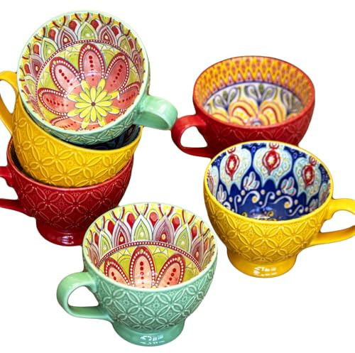 Darthome Set of 6 Tuscany Mugs 450ml Ceramic Assorted Mediterranean Kaleidoscopic Kitchen Cups