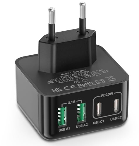 USB Ladegerät, 40W 4-Port USB C Ladegerät iPhone 15 Schnellladeblock USB C Adapter Dual Port PD+QC Wandstecker Multiport Typ C für iPhone 17 16 15 14/13/12/11/Pro Max/XS/XR/8/7/Samsung/Tablet