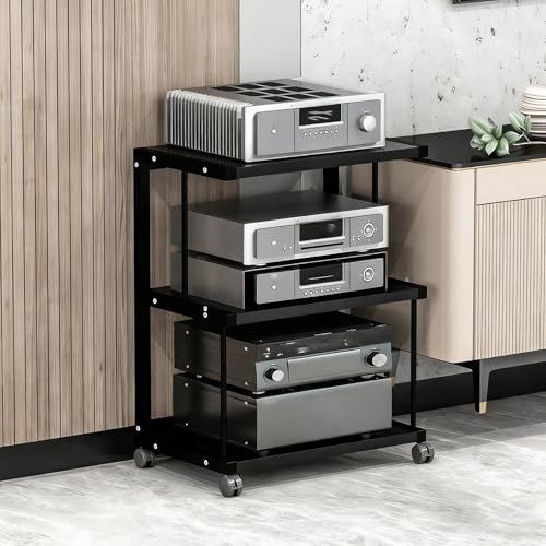 Verstellbares HiFi Regal, 3/4 Ebenen Audio Rack mit Feststellrädern, Stahlgestell & Holz-Etagen für Plattenspieler, Verstärker und AV-Komponenten(A,3-Tier)