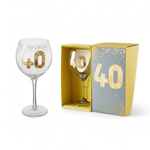 Hox 40th Birthday Gin Glass with Gold Foil Balloon Design – Large Balloon Gin Goblet in Gift Box – Celebratory 40 Glass for Gin & Tonic, Cocktails & Parties